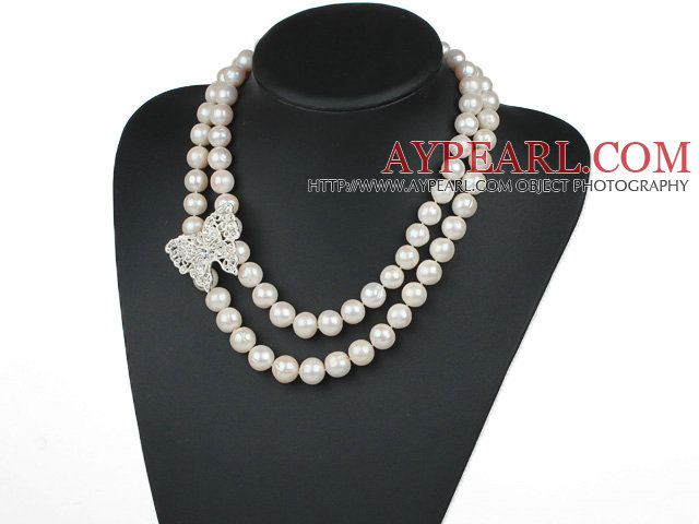 Double Rows 12-14mm Natural Round Freshwater Pearl Beaded Necklace with Butterfly Shape Rhinestone Accessory