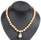 Three Strands Natural White 9-10mm Freshwater Pearl and Clear Crystal Necklace with Golden Color Rhinestone Accessory