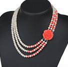 Three Strands Natural White 6-7mm Freshwater Pearl and Pink Coral Necklace with Red Acrylic Flower Clasp