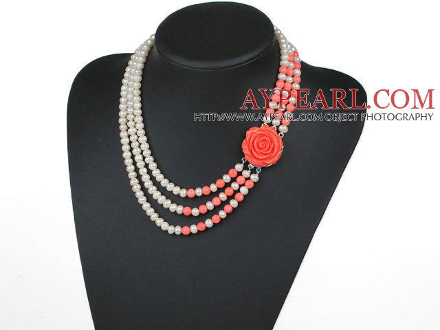 Three Strands Natural White 6-7mm Freshwater Pearl and Pink Coral Necklace with Red Acrylic Flower Clasp