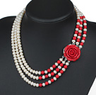 Three Strands Natural White 6-7mm Freshwater Pearl and Red Coral Necklace with Red Acrylic Flower Clasp