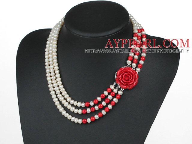 Three Strands Natural White 6-7mm Freshwater Pearl and Red Coral Necklace with Red Acrylic Flower Clasp