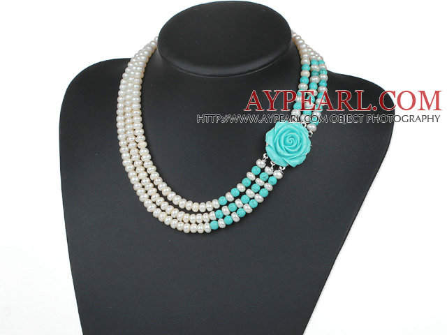 Three Strands Natural White 6-7mm Freshwater Pearl and Turquoise Necklace with Blue Turquoise Color Acrylic Flower Clasp