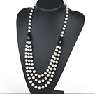 Wholesale Three Layer Natural White Freshwater Pearl and Black Agate Necklace with Moonlight Clasp