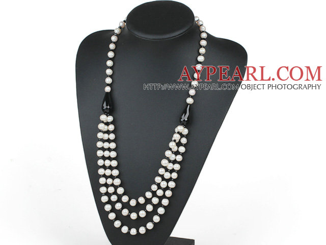 Three Layer Natural White Freshwater Pearl and Black Agate Necklace with Moonlight Clasp