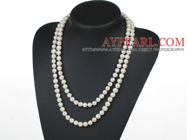 Lange Art 9-10mm weißen Süßwasser-Zuchtperlen Perlen Halskette geknotet