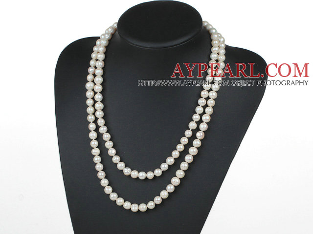 Long Style 9-10mm γλυκού νερού Pearl White Beaded κολιέ με κόμπους