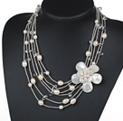 Multi Strands Clear Crystal and White Freshwater Pearl and White Shell Flower Necklace