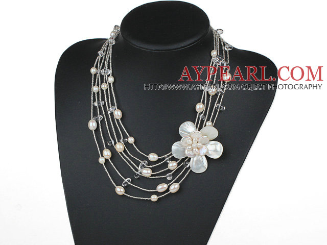 Multi Strands Clear Crystal and White Freshwater Pearl and White Shell Flower Necklace