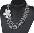 Multi Strands Clear Crystal and Black Freshwater Pearl and White Shell Flower Necklace