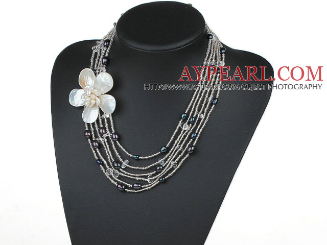 Multi Strands Clear Crystal and Black Freshwater Pearl and White Shell Flower Necklace