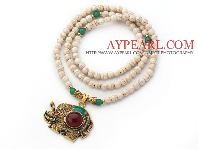 New Design Round Howlite and Aventurine Beaded Necklace with Beautiful Elephant Pendant
