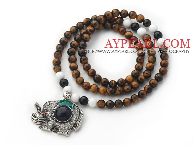 New Design Runde Tiger Eye und schwarz Achat und White Sea Shell Perlen Halskette mit schöner Elefant Anhänger