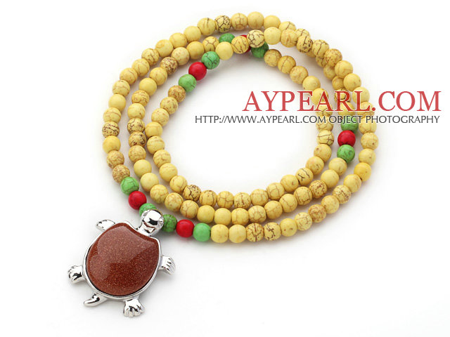 New Design Round Dyed Yellow Turquoise Beaded Necklace with Beautiful Turtle Pendant
