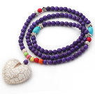 New Design Round Dyed Purple Turquoise Beaded Necklace with Heart Shape Howlite Pendant