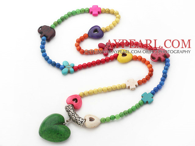 Long Style Assorted Dyed Multi Color Turquoise Necklace with Heart Shape Pendant