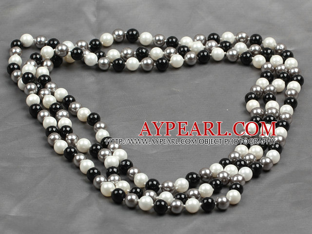 Long Style 8mm White Gray and Black Color Round Sea Shell Beaded Necklace