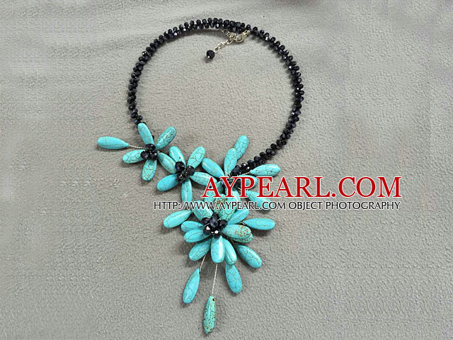 Unique Natural Black Crystal Turquoise Flower Party Necklace