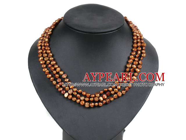 Fashion Style Naturel 3 Strand Brown eau douce collier de perles