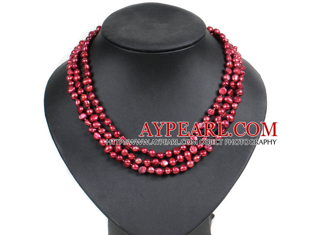 Fashion Style 3 Strand Natural Wine Red Freshwater Pearl Necklace