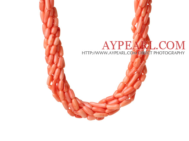 8 Strands Oransje Rosa farge Pipeform Coral Halskjede med Moonlight Clasp