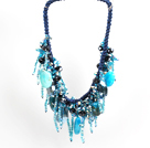 Sparkly Bib Shape Blue Series Crystal Agate Statement Party Necklace With Blue Thread Woven Drawstring Chain