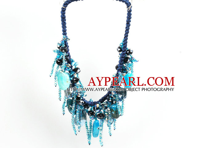 Collier Parti Bib Sparkly Forme Déclaration Bleu Crystal Series Agate Avec Fil Bleu tissé chaîne de cordon