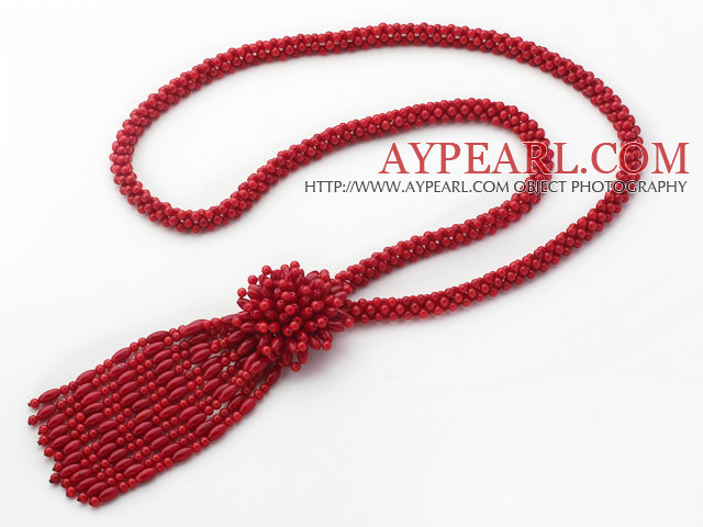 2013 Summer New Design Red Coral Y Shape Tassel Necklace with Coral Flower