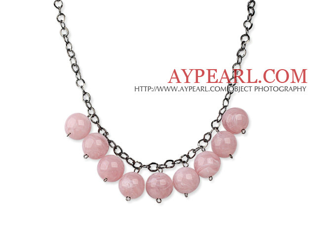 Simple Design 18mm Round Pink Acrylic Beads Necklace with Black Metal Chain