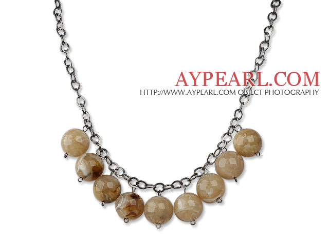 Simple Design 18mm Round Coffee Color Acrylic Beads Necklace with Black Metal Chain