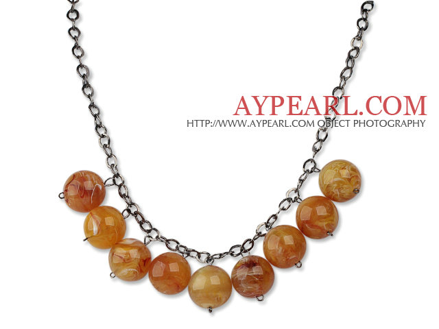 Simple Design 18mm Round Amber Acrylic Beads Necklace with Black Metal Chain