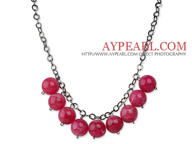 Simple Design 18mm Round Hot Pink Acrylic Beads Necklace with Black Metal Chain