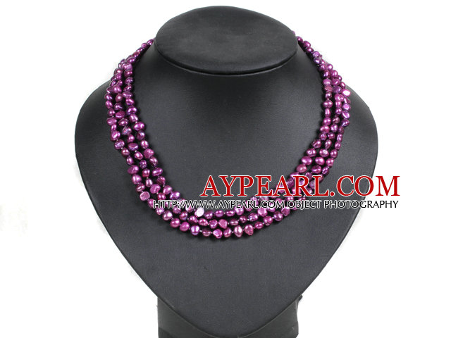 Fashion Style 3 Strand Natural Purple Freshwater Pearl Necklace