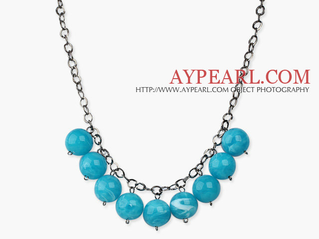 Einfache Design-18mm Round Blue Turquoise Farbe Acryl Perlen Halskette mit Black Metal-Kette