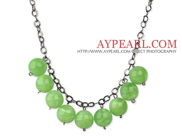 Simple Design 18mm Round Apple Green Acrylic Beads Necklace with Black Metal Chain