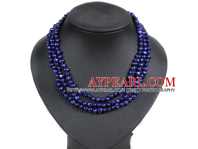 Fashion Style 3 Strand Natural Deep Blue Freshwater Pärlhalsband