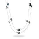 Long Style 11-12mm Black Gray and White Freshwater Pearl Necklace with White Leather