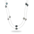 Longue noir de style collier de perles d'eau douce 11-12mm gris et blanc avec cuir blanc