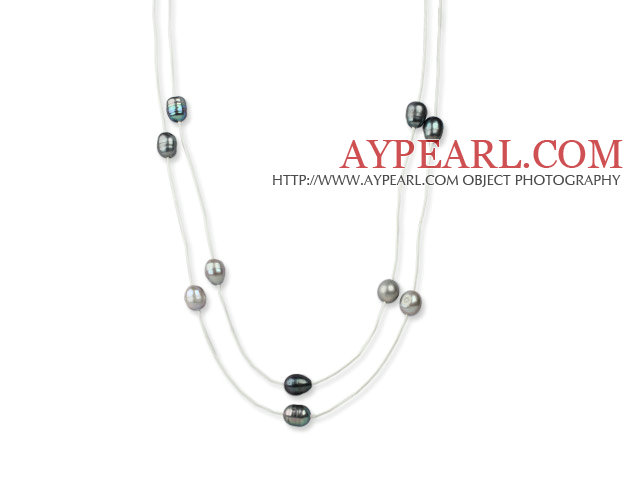 Long Style 11-12mm Black Gray Freshwater Pearl Necklace with White Leather