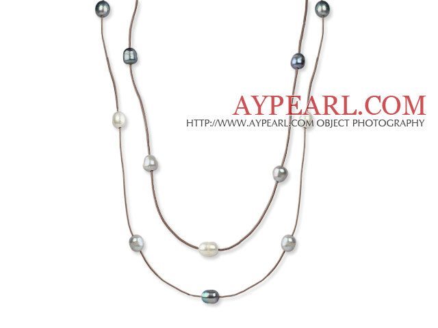 Longue noir de style collier de perles d'eau douce 11-12mm gris et blanc avec cuir brun