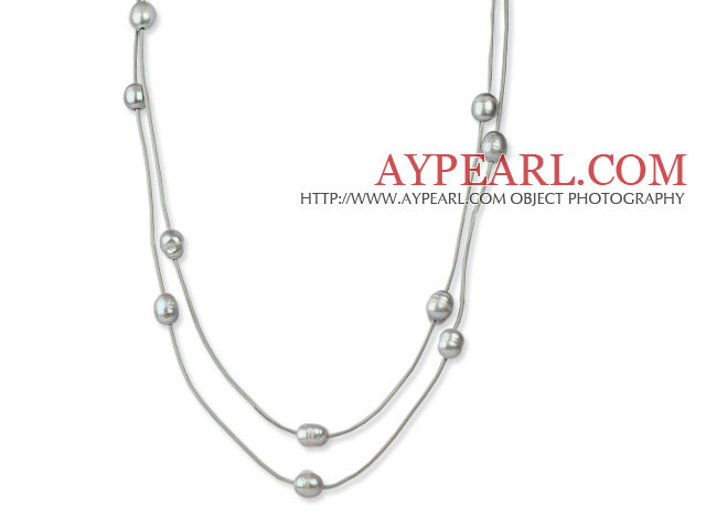 Long Style 11-12mm Gray Freshwater Pearl Necklace with Gray Leather