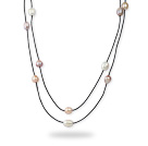 Long Style 11-12mm White and Pink and Violet Freshwater Pearl Necklace with Black Leather