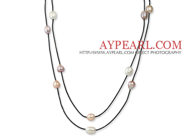 Long Style 11-12mm White and Pink and Violet Freshwater Pearl Necklace with Black Leather