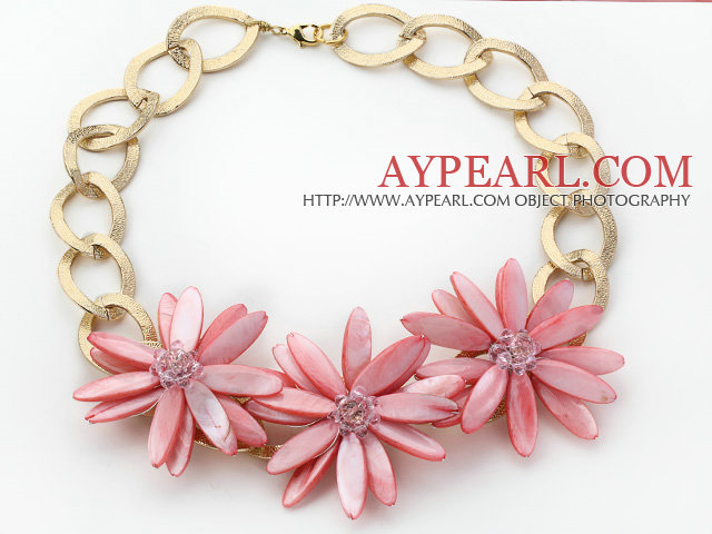 2013 Summer New Design Pink Shell Flower Necklace with Golden Color Metal Chain