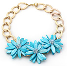 2013 Sommar Ny design Sky Blue Shell Flower halsband med guld färg Metal Chain