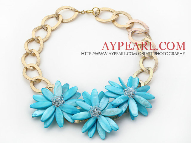 2013 Summer New Design Himmelblå Shell Flower halskjede med gylden farge Metal Chain