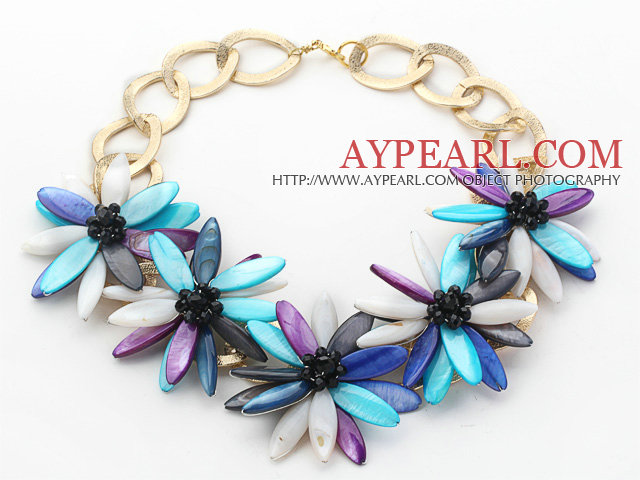 2013 Summer New Design Multi Color Shell Flower and Black Crystal Necklace with Golden Color Metal Chain