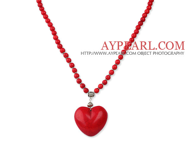 Classic Design Round Dyed Red Turquoise Necklace with Heart Shape Pendant