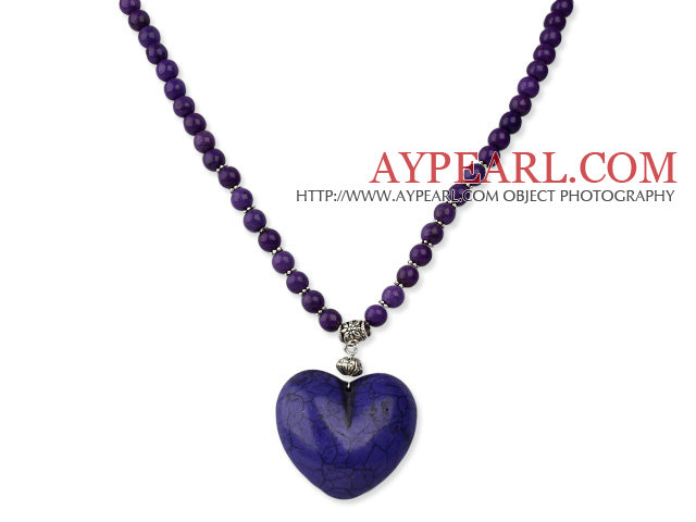 Classic Design Round Dyed Purple Turquoise Necklace with Heart Shape Pendant