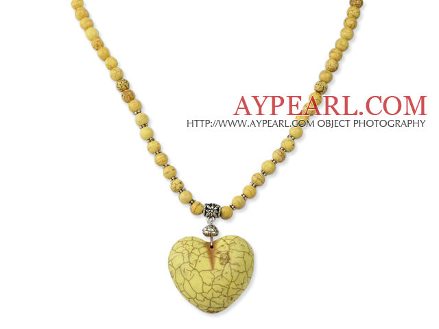 Classic Design Round Dyed Yellow Turquoise Necklace with Heart Shape Pendant